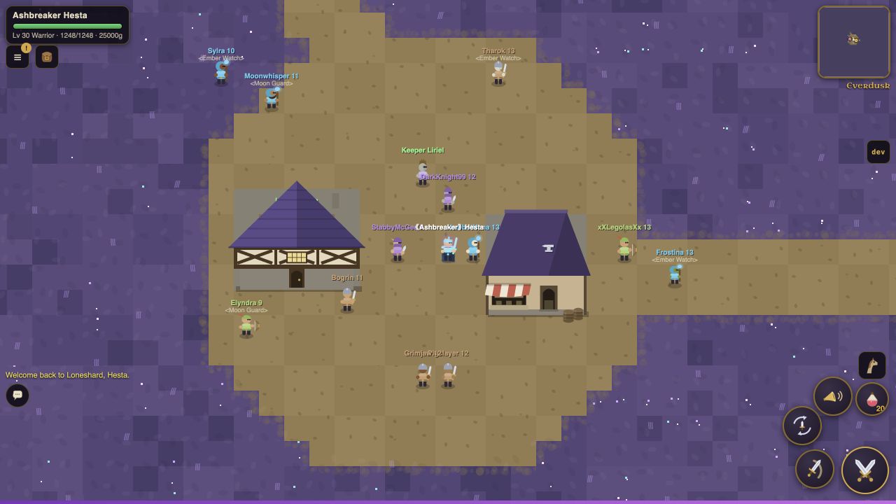 The player in purple twilight at Everdusk in Duskveil
